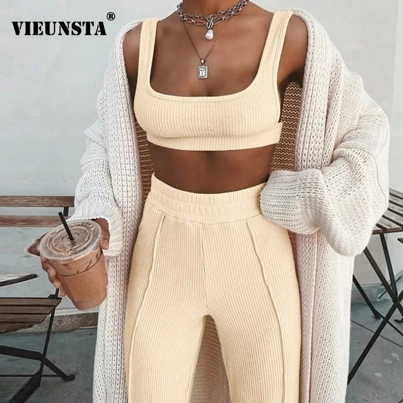 

Женский спортивный костюм из двух предметов, привлекательный топ с открытыми плечами и облегающие брюки, элегантный спортивный костюм с от...