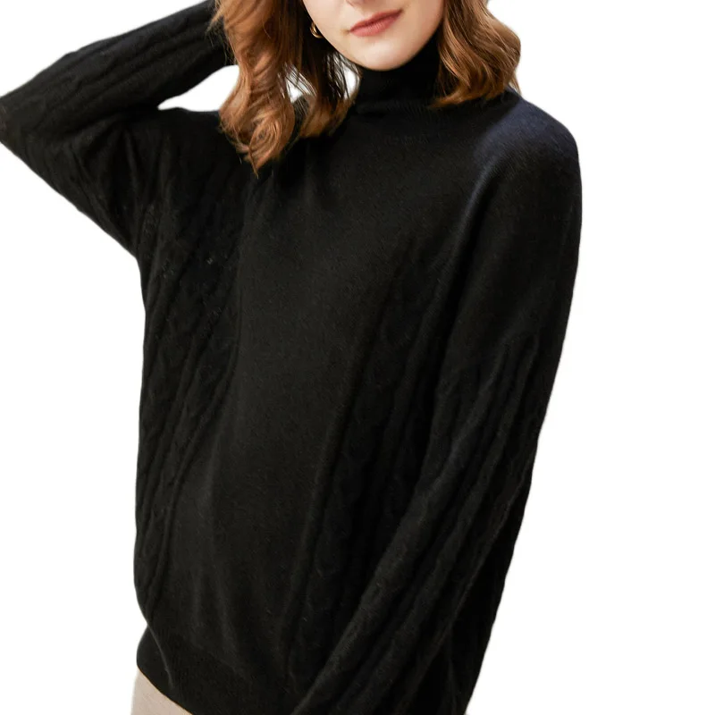 

Best size(94 to 114cm) Women Loose Sweaters 100% Wool Knitted Turtleneck Pullovers 2020 New Arrival Long Sleeve Knitwear Female