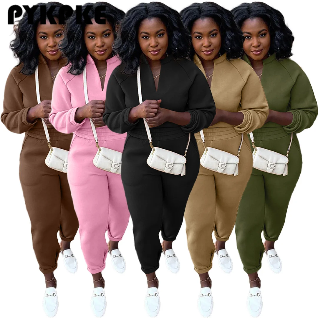 

Женский флисовый однотонный комплект из двух предметов, повседневные толстовки с длинным рукавом и брюки для бега, женские спортивные кост...