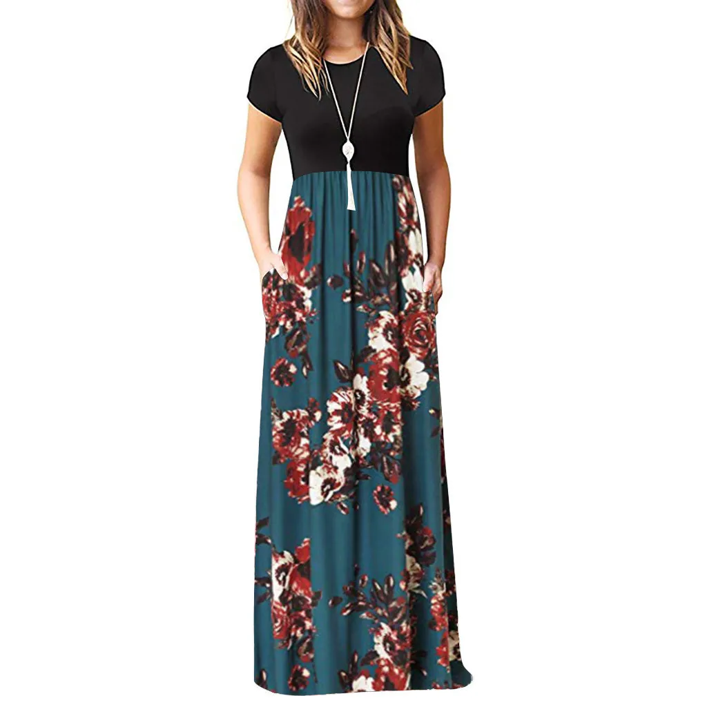 

Vintage Floral Print Boho Dress Women Long Maxi Dress Evening Party Beach Summer Dress Vestidos Short Sleeve Split Dresses