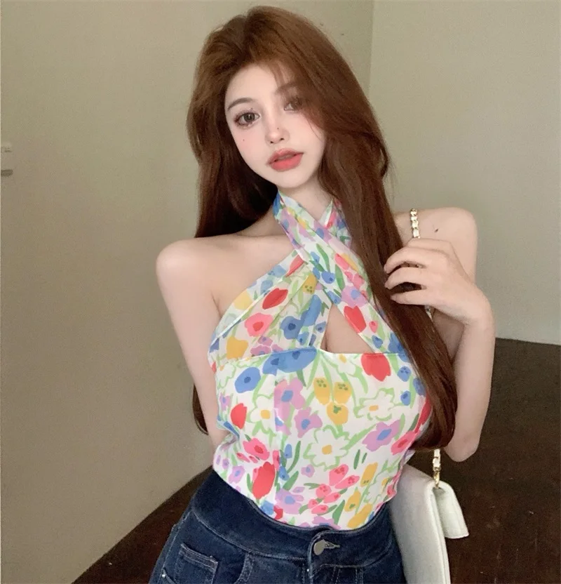 

Summer Short Sexy Fashion Chiffon Floral Cross Halter Neck Tank Tops Vest Casual YOU160
