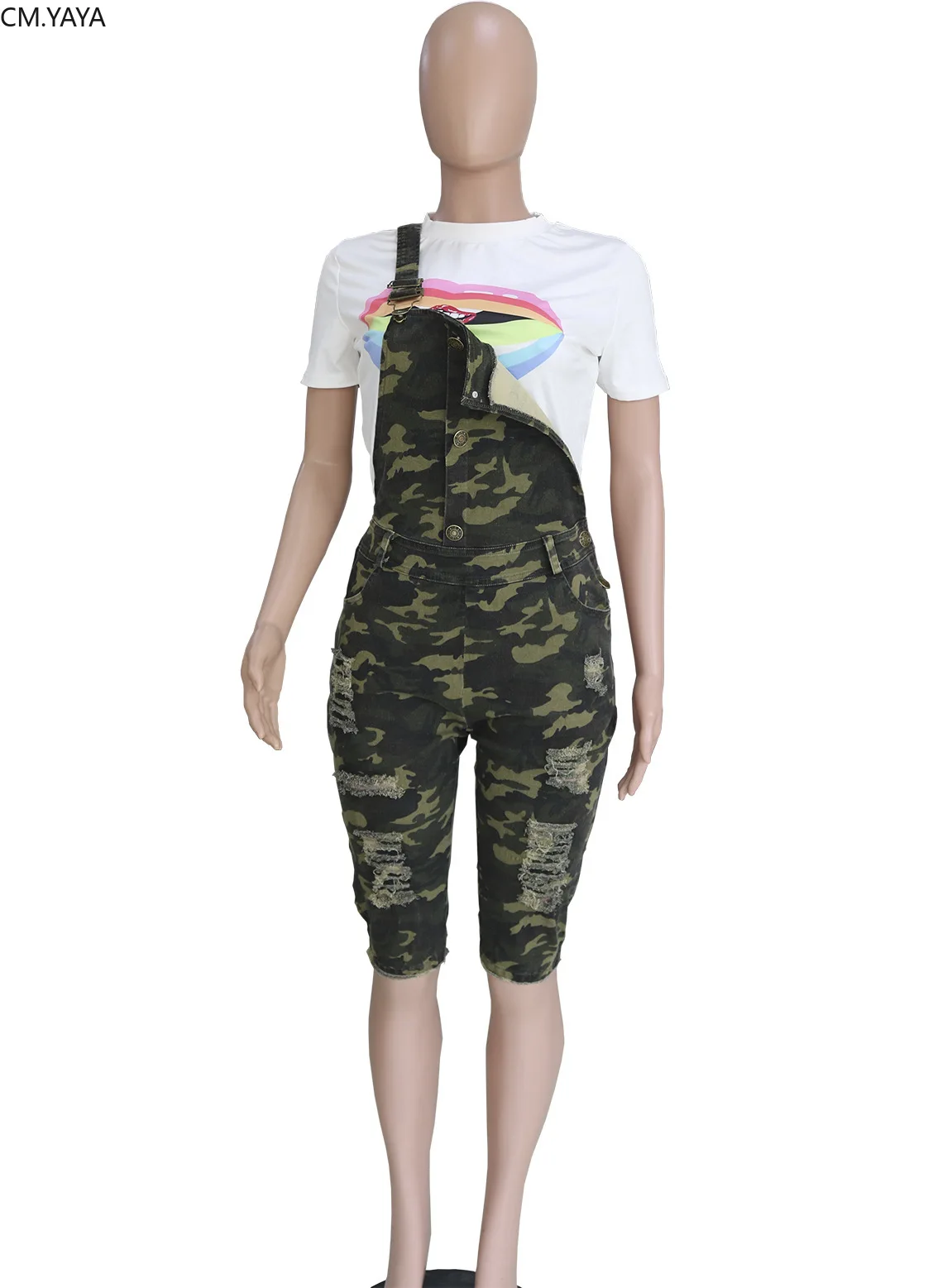 Женский винтажный комбинезон на бретельках камуфляжный без рукавов с дырками