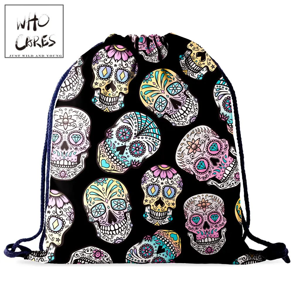 

Who Cares, женская сумка на шнурке, спортивный рюкзак, рюкзак для девочки, модный Череп, 3D принт, портативная Водонепроницаемая дорожная сумка
