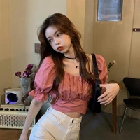 loose waist lace up bubble sleeve jacket 2021 summer new korean wind ins solid color joker slim shirt womens clothing
