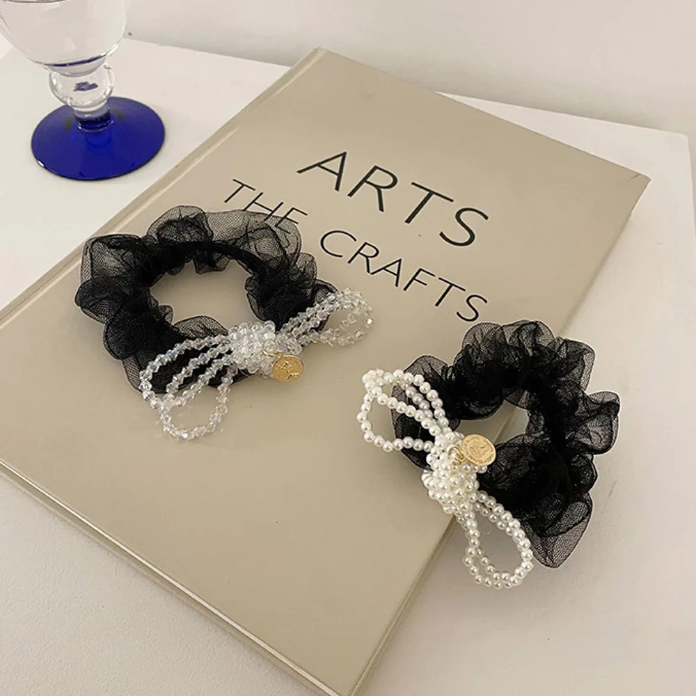 

Women Girls Lace Imitation Pearls Hair Ropes Rubber Band Hair Ties Elegant Bow Knot Ribbon Fashion Ponytail Holder