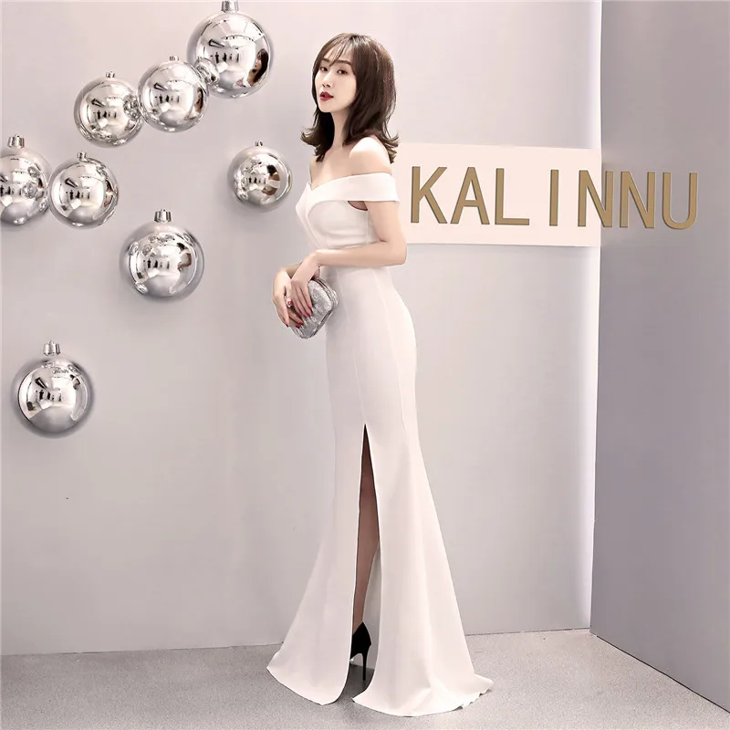 Skyyue Evening Dress Off The Shoulder Women Party Dresses Short Sleeve Robe De Soiree Sexy V-neck Split Formal Gowns C087