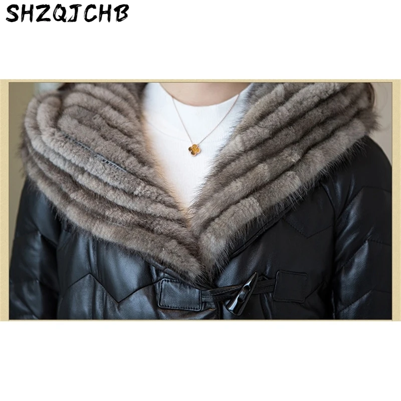 

JCHB 2021 Real Sheepskin Coat Female Genuine Leather Jacket Women's Mink Fur Collar Hooded Down Jackets Jaqueta Couro WXF266