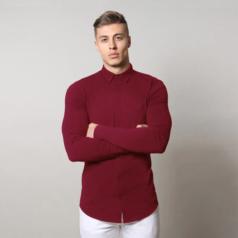 

New Spring Autumn Men Long Sleeve Shirt Cotton Turn Down Collar England Style Elastic Slim Casual Shirts Mens Clothes Shirt