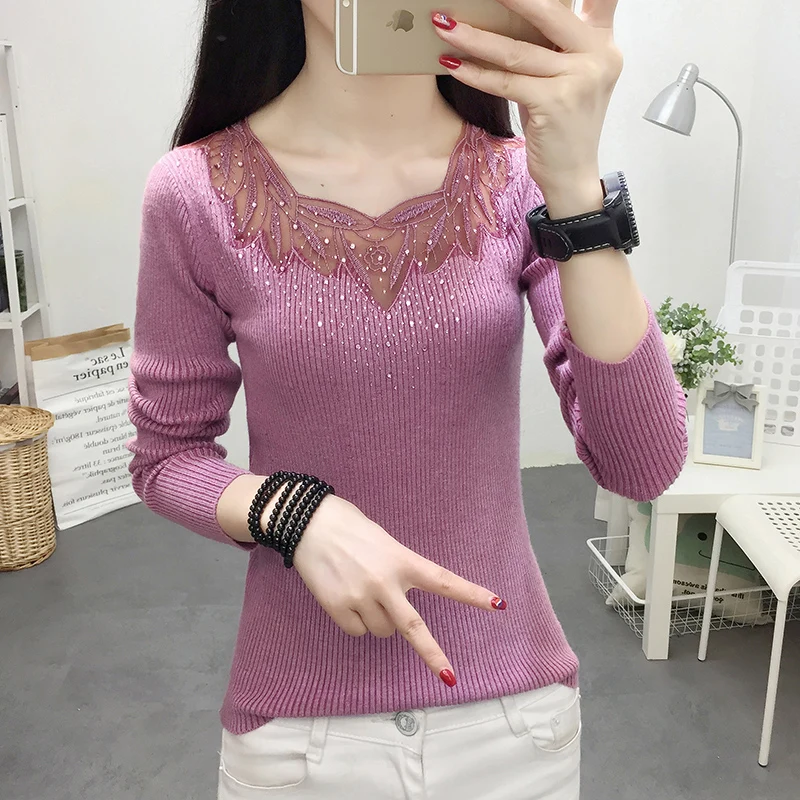 Sexy Lace V-neck Knit Sweater Female pullovers Tops Diamond Elastic Women 2020 Autumn Winter Fashion Jumper Pull Femme | Женская одежда