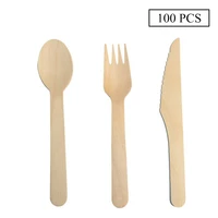 100 pcs wholesale disposable wooden cutlery fork spoon knives tableware supplies for dessert birthday cake fruit ice cream