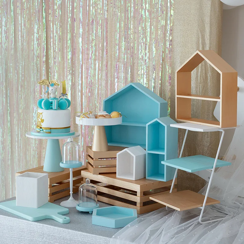 Деревянные декоративные стеллажи белые и синие серии подставки для десертов