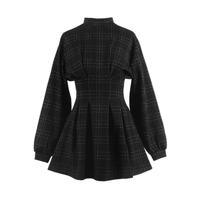 

PERHAPS U Women Stand Collar Long Sleeve Balck Plaid Pleat Ruched Mini Dress Puff Sleeve D1420