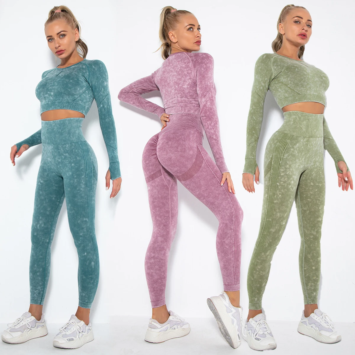 

2PCS Seamless Women Yoga Set Workout Sportswear Gym Clothing Fitness Long Sleeve Crop Top High Waist Leggings Sports Suits