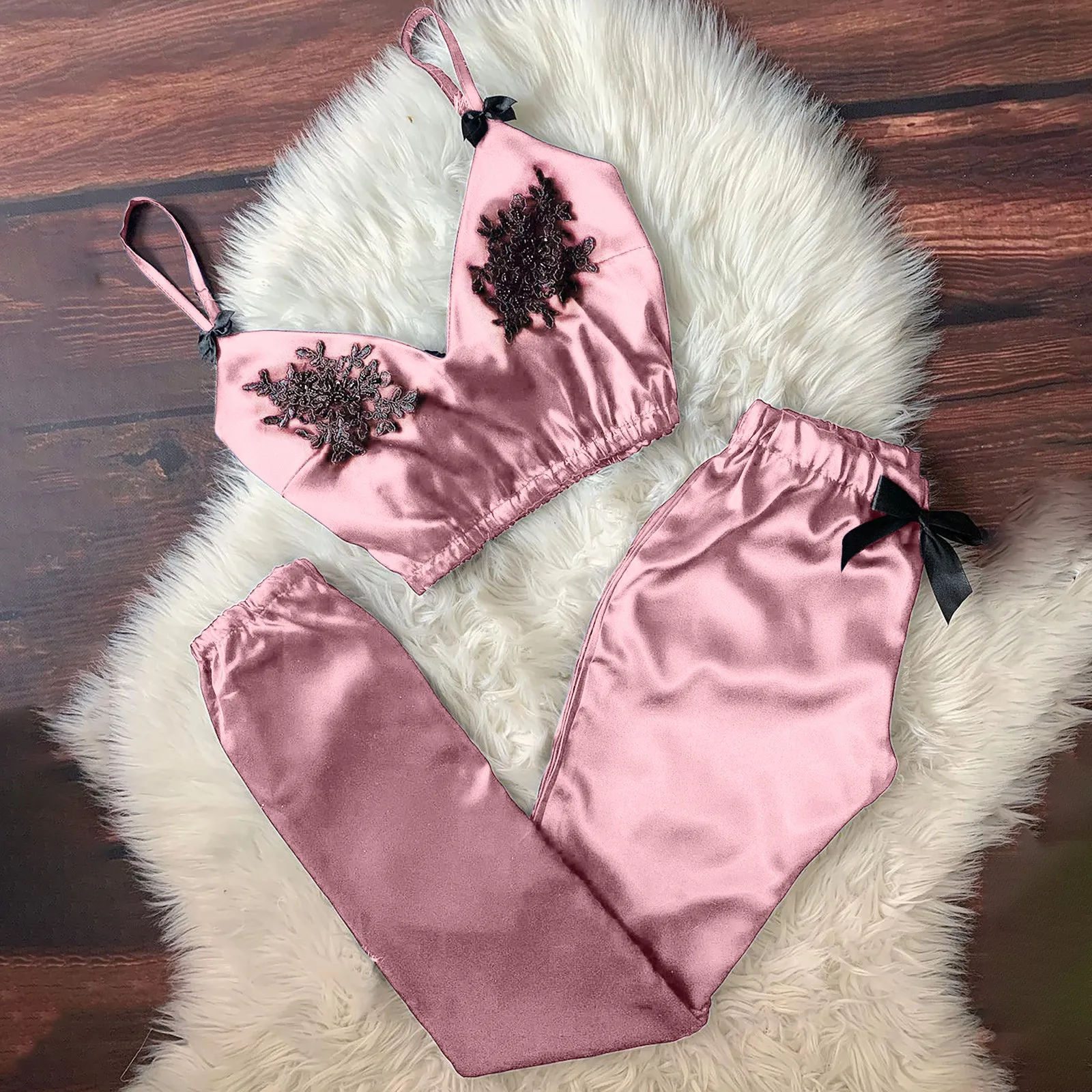 

Women Bra Top Pajamas Suit V-Neck Eyelash Lace Sexy Stain Camisole Pajamas Bowknot Long Pants Set Pajamas pijama invierno