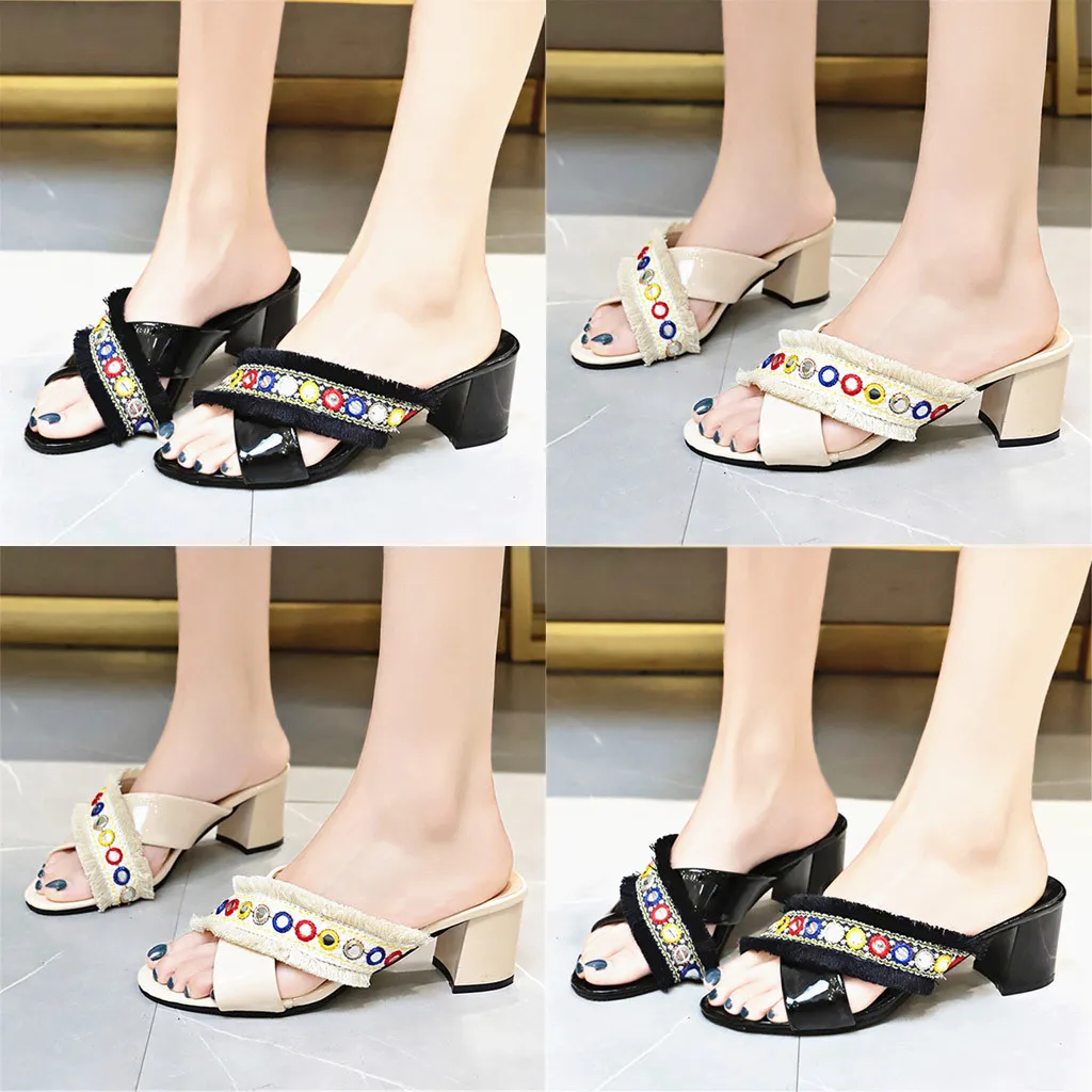 Женские летние тапочки с вышивкой сексуальные женские сандалии на толстой