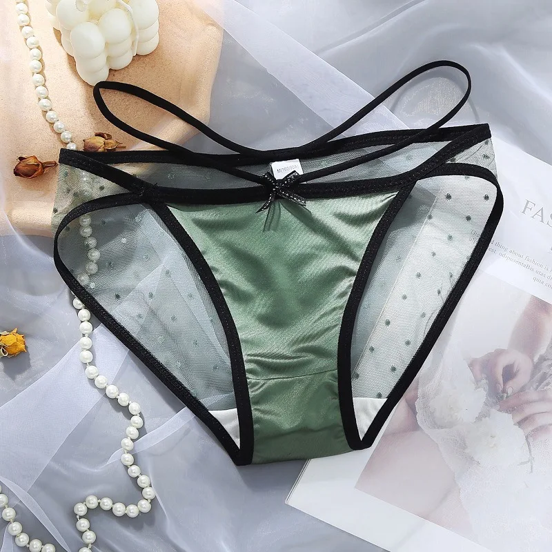 

Sexy Satin Dot Mesh Panties Women's Underwear Transparent Sheer Lace Briefs Tangas Knickers Girls' Satin Strappy Panty Big Size