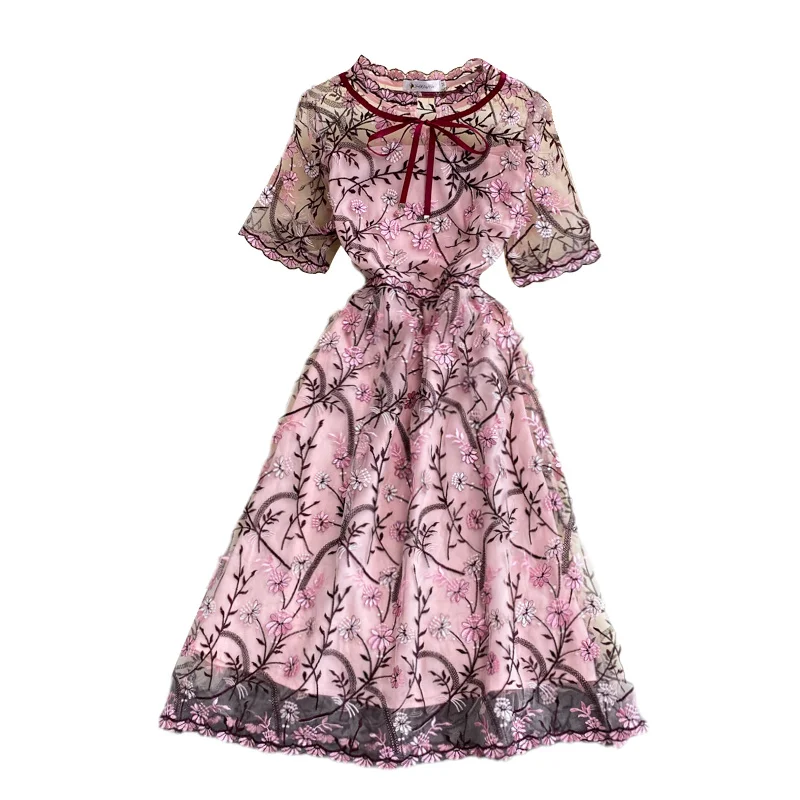 

French Women Elegant Floral Dress Girls Fairy Summer New Embroidery Waist Slim Midi Long Vintage Party Mesh Dresses Lady