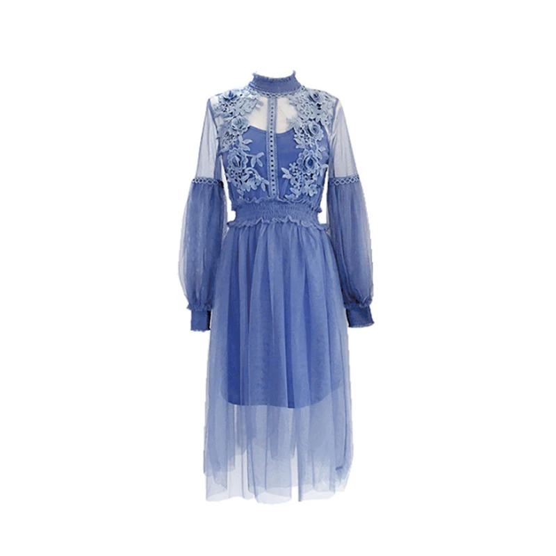 

Fad Nice Long-Sleeved Stand-Neck Solid Lace Women Dating Dresses Mesh Streetwear Mid-Calf Dress Female Summer Princess Dress