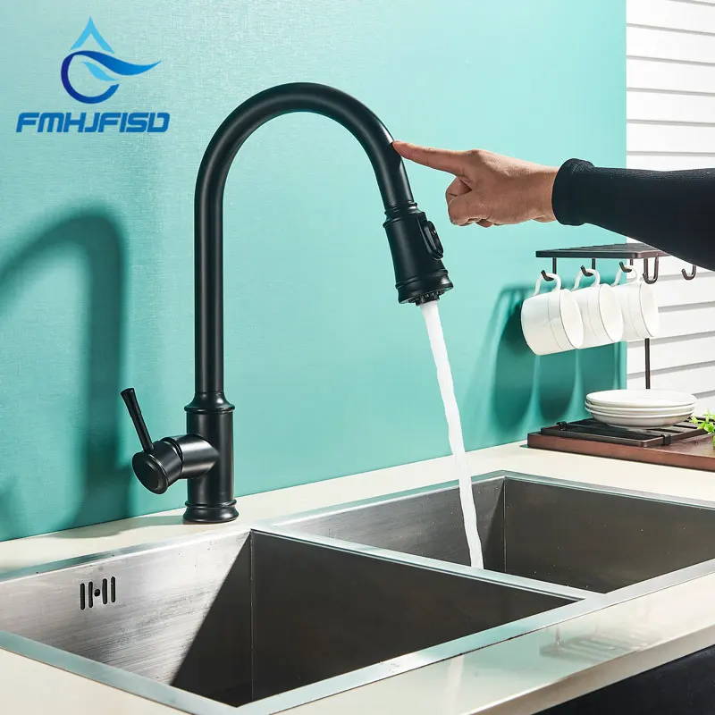

Черный сенсорный смеситель для кухни, переключаемый распылитель с креплением на раковину, поворотный кран для горячей и холодной воды