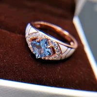 elegant london blue topaz ring 925 sterling silver rose gold plated princess cut 6mm created gemstone jewelry white enamel ring