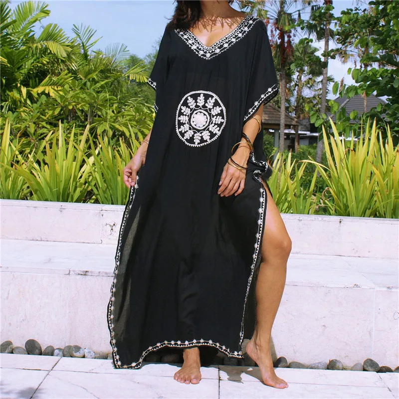 

Embroidery Cotton Beach Kaftan Cover up Saida de Praia Swimsuit Bikini cover up Tunics for Beach Pareo Sarong Beachwear