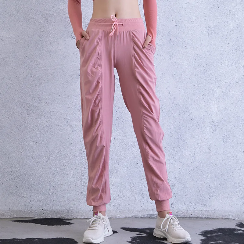 

Autumn Winter Leggings Women Loose Breathable Lace Up Sports Pants Thin Yoga Running Fitness Pants Pocket Wrinkle Outdoor Pants