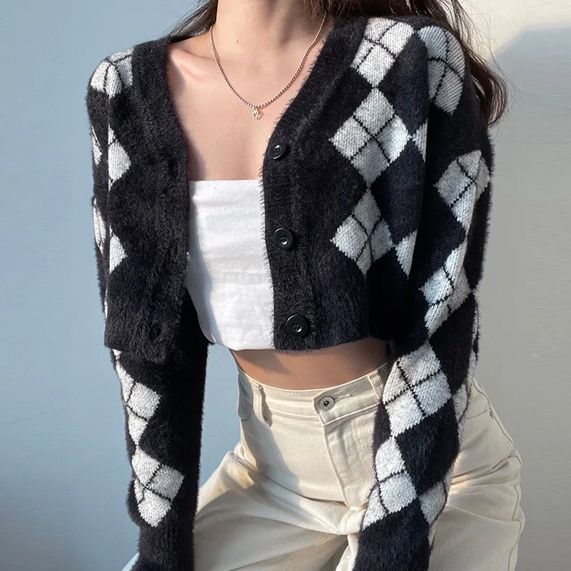 

Tonngirls Preppy Style Cardigan Women Long Sleeve Knitted Cardigan Argyle Cashmere Cardigan Streetwear Black Sweater Winter 2021