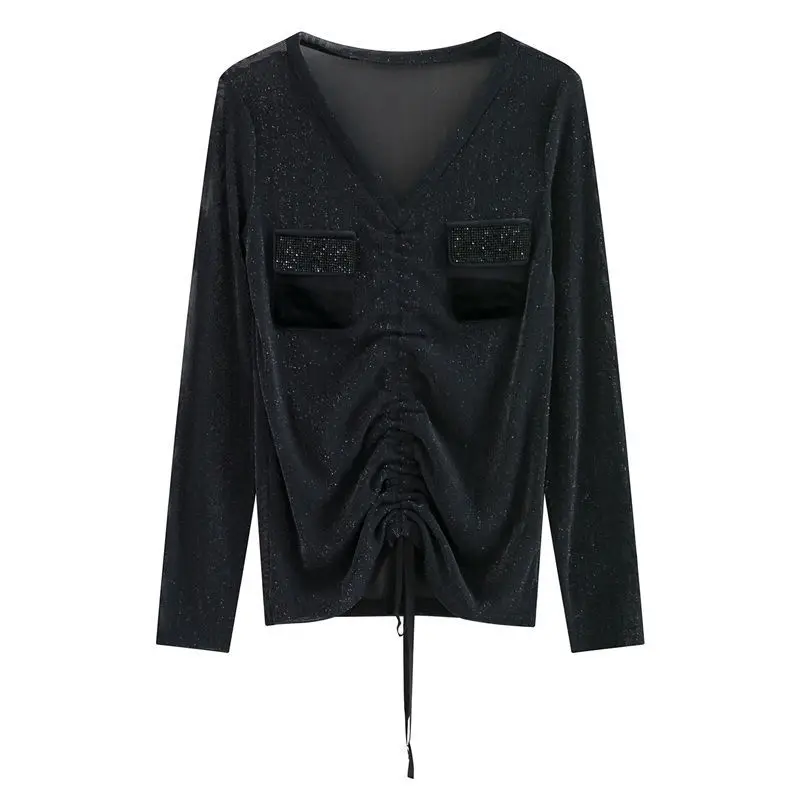 

Long-Sleeved T-Shirt Ladies 2020 Spring And Autumn New Tops Diamond-Studded V-Neck Drawstring Slim Sexy Bottoming Shirt