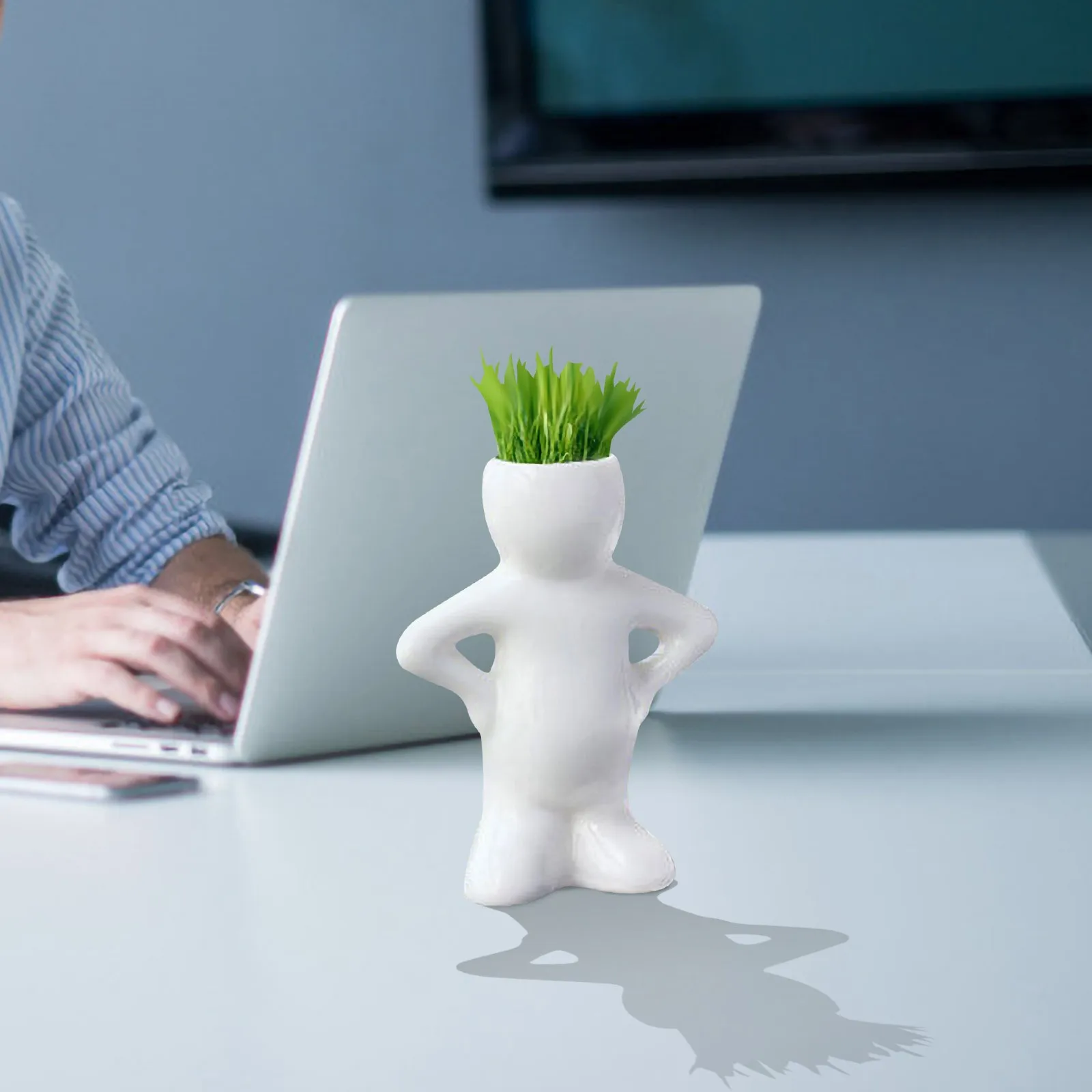 Семейная голова бонсай трава волосы белое керамическое растение сад кукла на