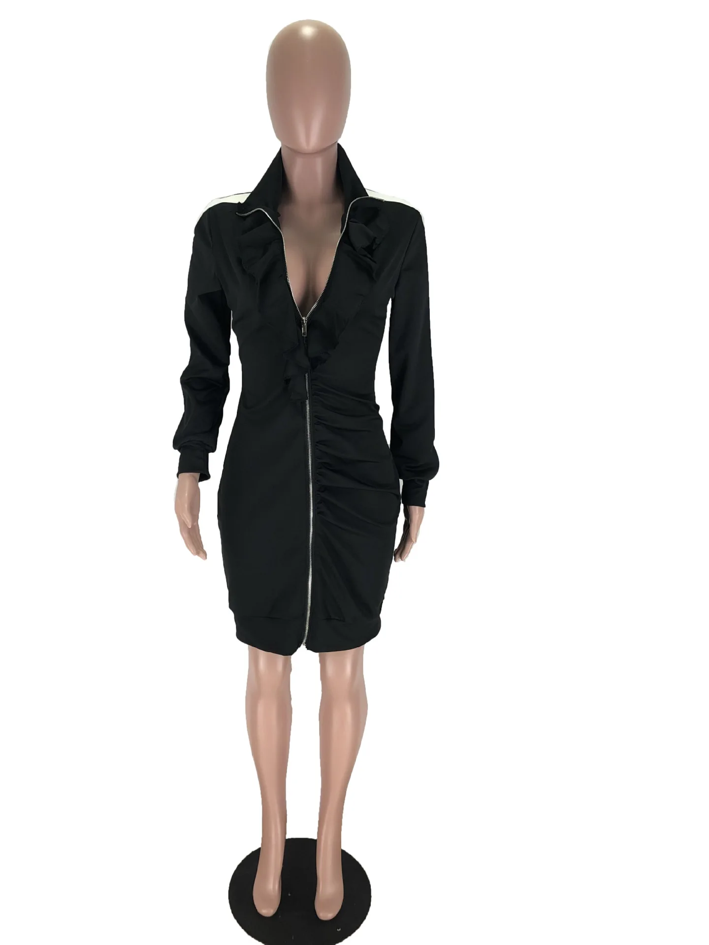 

Spring Women Solid Ruffles Collar Dress With Neck Long Sleeve Zipper Lapel Neck Night Club Wear Office Lady Knee Length Dresses