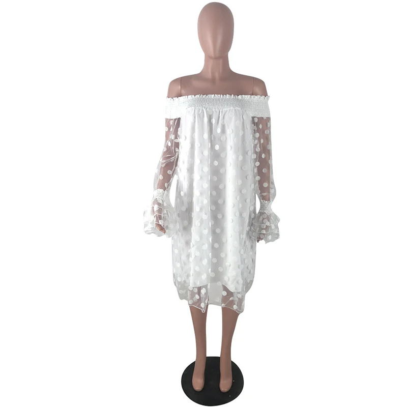 

Solid Color Lace Flare Long Sleeves Sexy Mesh Bodycon Dress New Arrival Autumn Women Hot Style Outfits