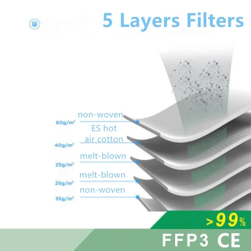 

10-100pcs FFP3 CE Face Mask Air Valve Protective Masks PM2.5 Dust Filteration 99% Hygiene Droplets Melt-blown Filter Mouth Cover