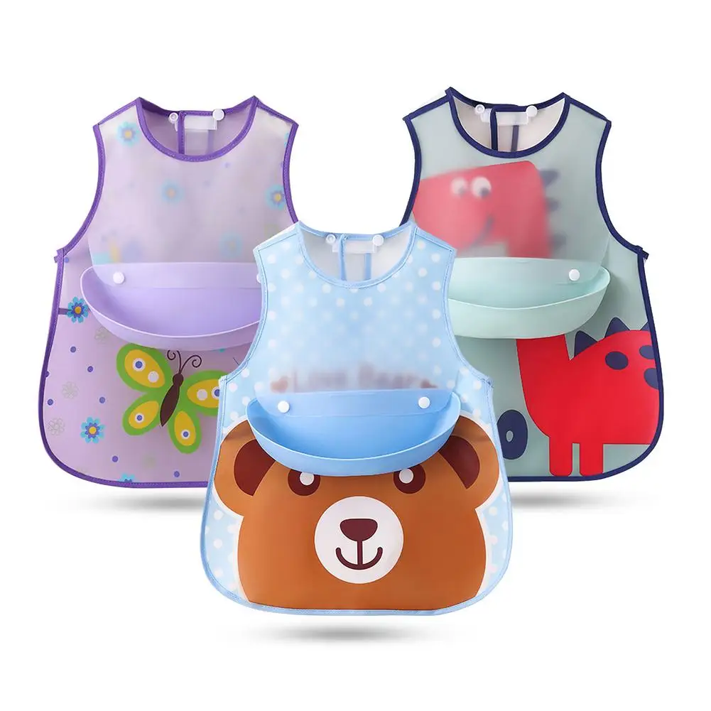 

Cute Baby Bibs Waterproof Silicone Bib Infant Toddler Feeding Saliva Towel Cartoon Adjustable Children Apron With Pocket