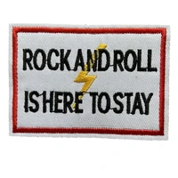 5ps rock and roll is here to stay rectangle letters patch embroidered iron on badge white sew on sticker with lightning diy