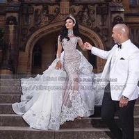 Arabic Luxury High Neck Sheer Sparkly Tulle Bridal Gowns Long Sleeve Bling Beaded Detachable Train Mermaid Lace Wedding Dresses