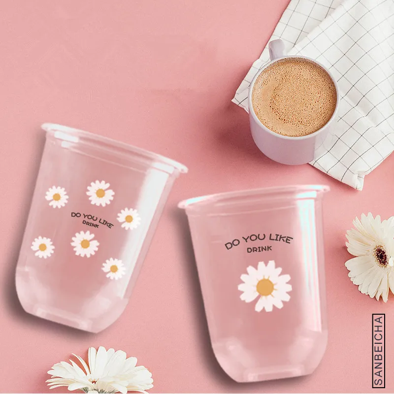 

50pcs Net red 500ml clear plastic cups creative bubble tea cup party favors drinking cup ice cream yogurt dessert cups with lids