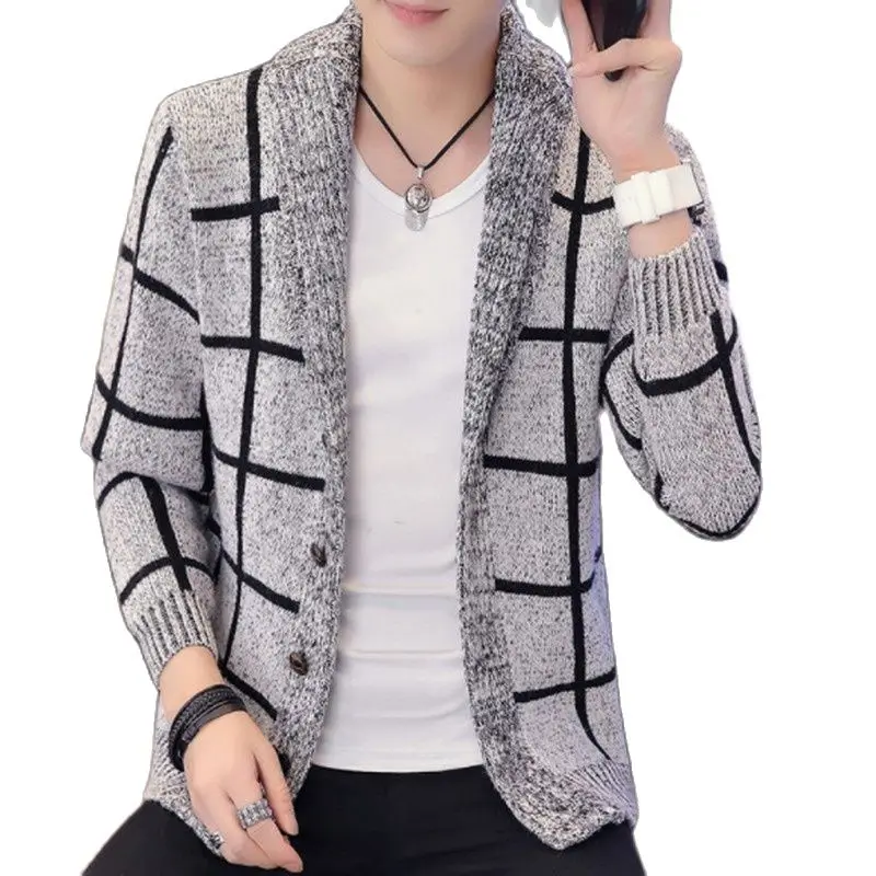 Осень 2021 модный плотный вязаный кардиган в клетку Мужской приталенный свитер