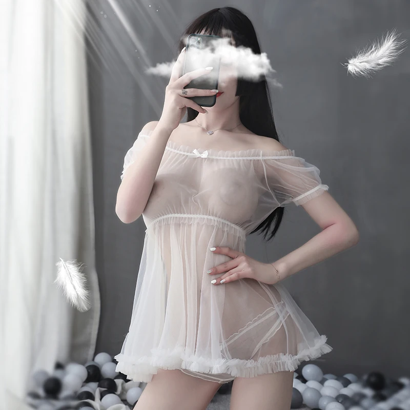 Short Sleeve Slash Neck Ruffle Bow Mesh Gauze Sheer Tops And Shorts Woman Night Sexy Sleepwear Lingerie Pajamas Set Home Clothes | Женская