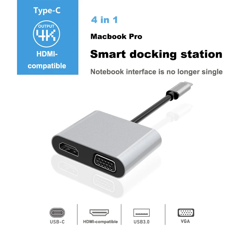 USB C к VGA адаптер Тип HDMI-совместимый концентратор Алюминиевый Thunderbolt 3 сплиттер для