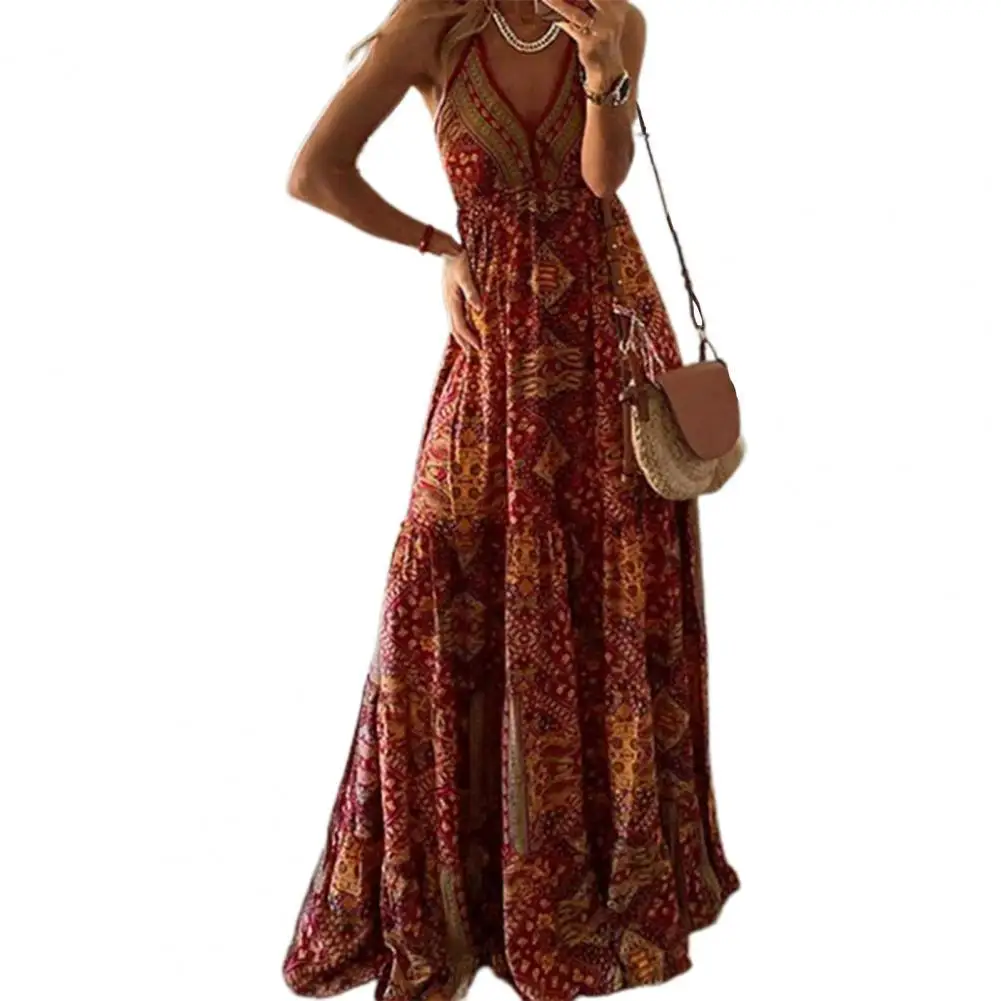 

Женское платье на бретелях-спагетти, винтажное пляжное платье без рукавов с открытой спиной и глубоким V-образным вырезом в богемном стиле н...