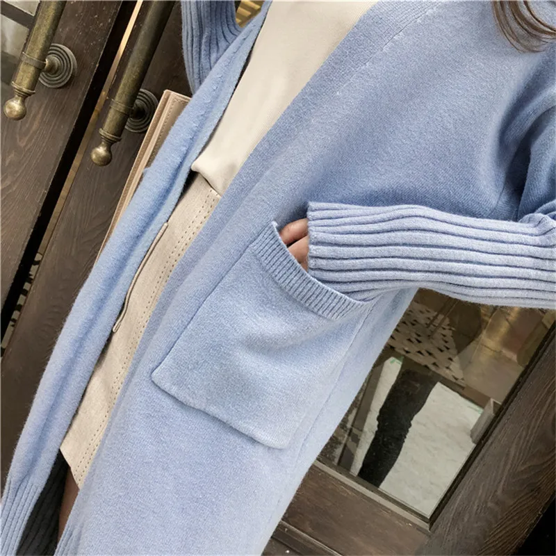 Желтый длинный вязаный женский кардиган осенне-зимний свитер с длинными рукавами Женский карман свободная повседневная трикотажная верхняя одежда