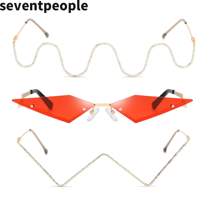 

No Lens Sunglasses Women Fashion Unique Wave Semi-Rimless Sunglass Half Frame Rhombus Sun Glasses Creative Geometric Eyewear