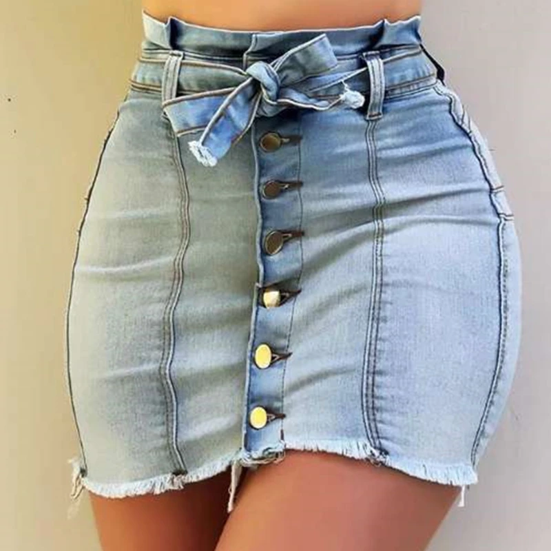 

Ladies Summer High Waist High Stretch Denim Skirt Button Bodycon Slim Mini Skirts Women Sashes Patchwork Skirt
