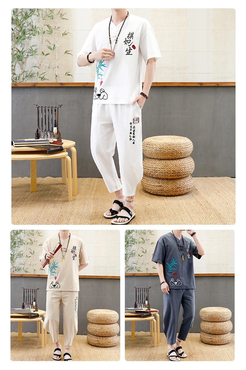 

2021 New Cotton and Linen Men Set Short-Sleeved Shirts+Trousers Embroidered Casual Two-Piece Men's Tracksuit 4 Color M-5XL 2007