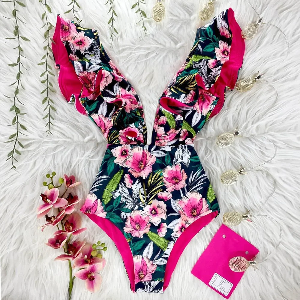 2021 New Print Swimwear Deep V-neck Ruffle Swimsuit Push Up One Piece Swimsuit Beach Wear Backless