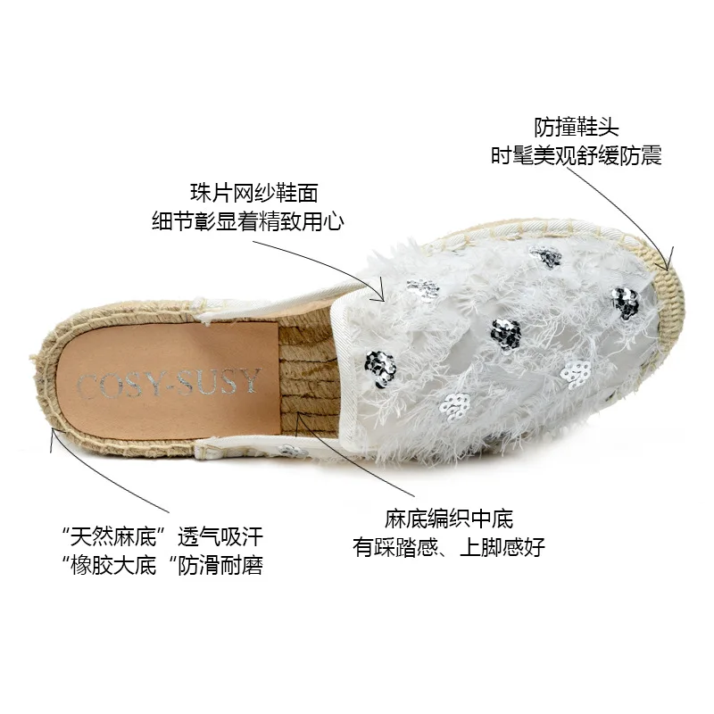Korean-Style Casual Sequined Mesh Fisherman's Shoes Straw Slippers Women's Gentle Fairy  Flat with Soft Bottom Womens Shoes