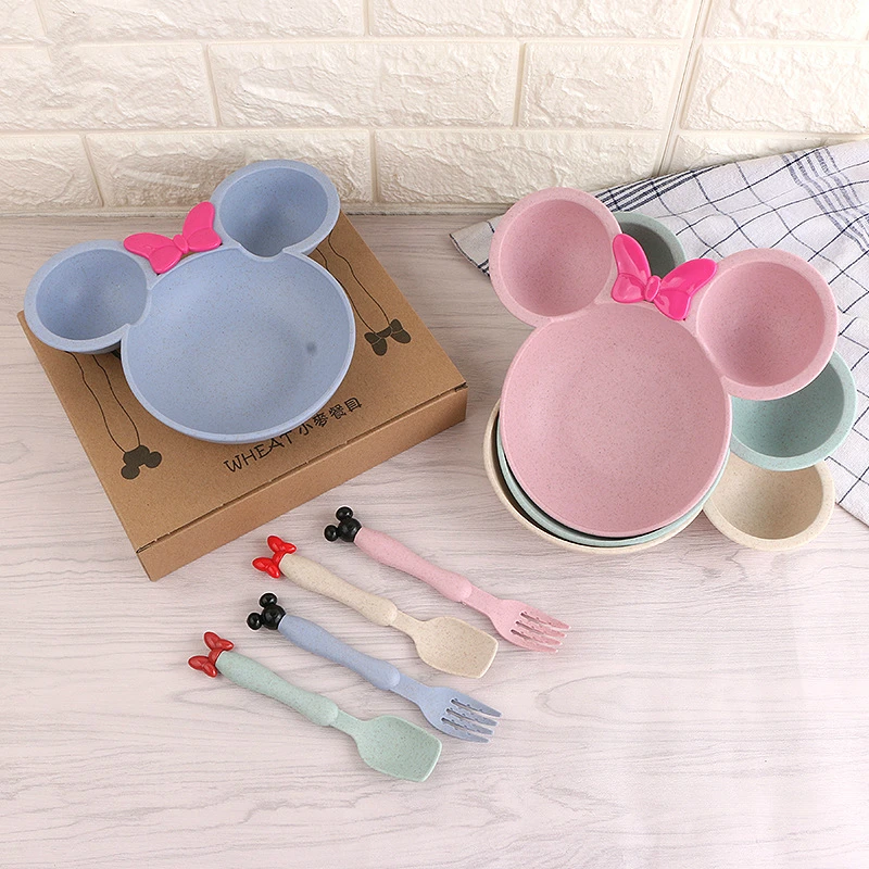 

Wheat Straw Baby Cartoon Tableware Set Children's Dishes Kids Dinner Baby Feeding Plate Training Bowl Spoon Fork
