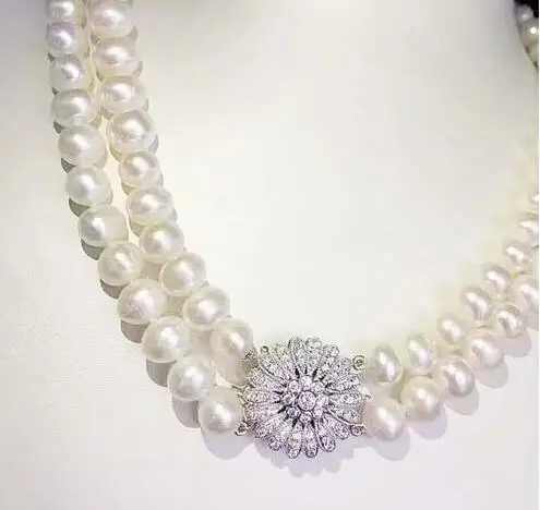 Бесплатная доставка ювелирное изделие 2 нити 9-10 мм белый жемчуг CZ кулон ожерелье