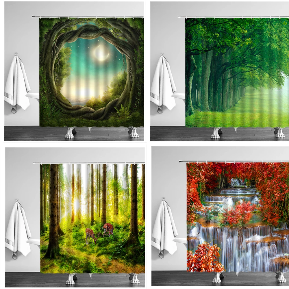 Штора для душа с природным пейзажем водонепроницаемая тканевая занавеска