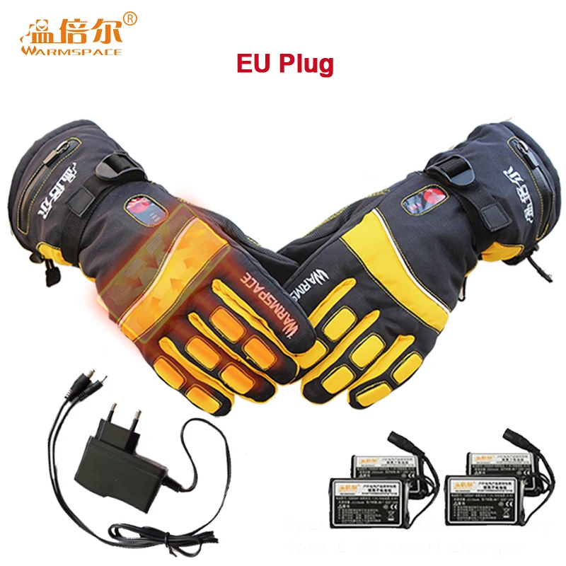 Yellow EU Plug Теплые зимние перчатки с подогревом, 7,4 В, 4000 мА/ч, для катания на лыжах, водонепроницаемые, с литиевой батареей, Самонагревающиеся, передние и задние перчатки с подогревом - Цвет: Yellow EU Plug